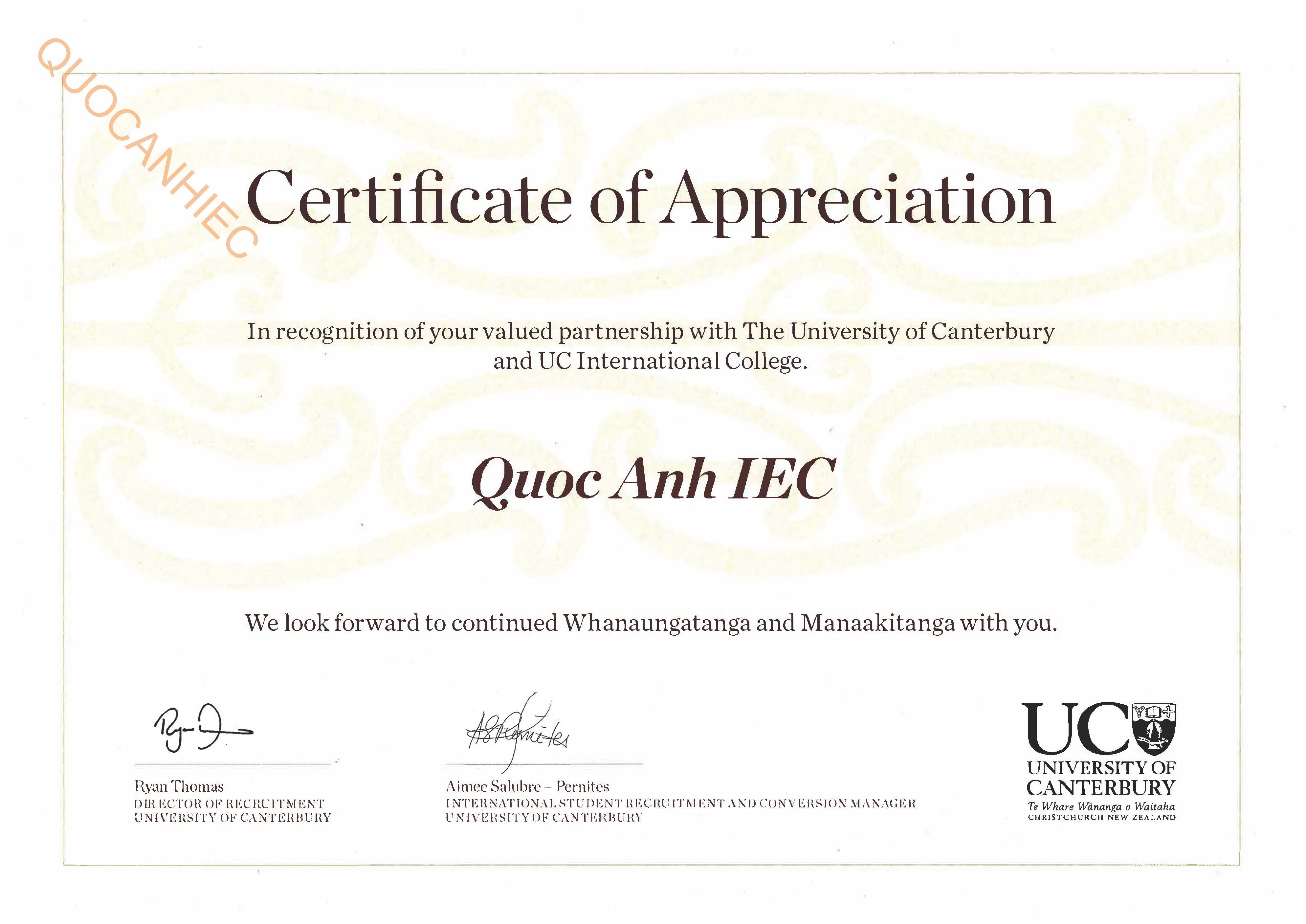 Vinh danh được trao tặng Certificate of Appreciation từ University of Canterbury 2024